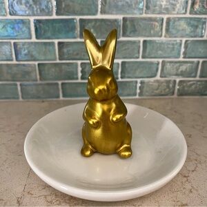 GOLD BUNNY on WHITE CERAMIC TRINKET TRAY